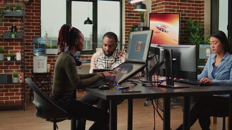 Software company workers team brainstorming game design ideas