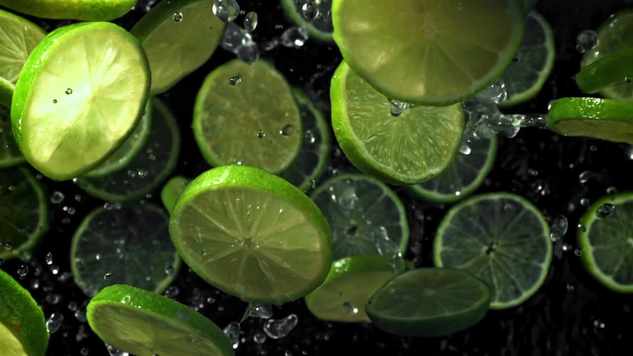 Vivaci fette di lime verde che schizzano con acqua al rallentatore