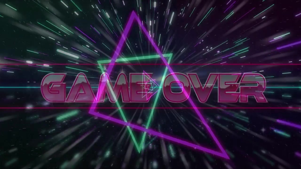 GAME OVER text appearing as play glyph flashing neon triangles rotating over text marking game end