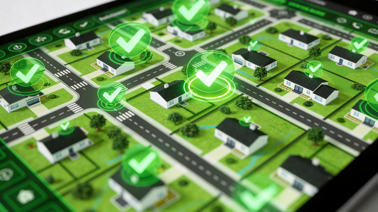 Updating tablet map UI, showing growing green checks confirming houses on white desk with bezel