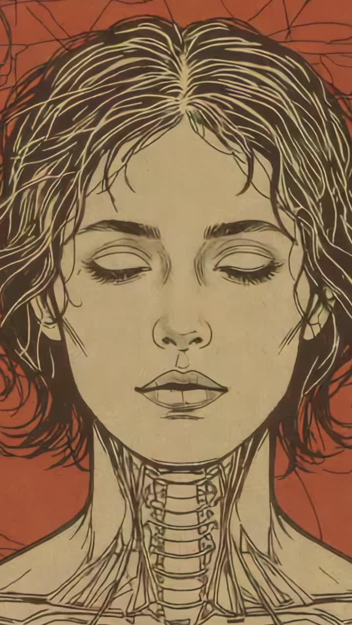 Vertical video: Displaying head-neck sketch on orange field showing vertebrae and black scribbles