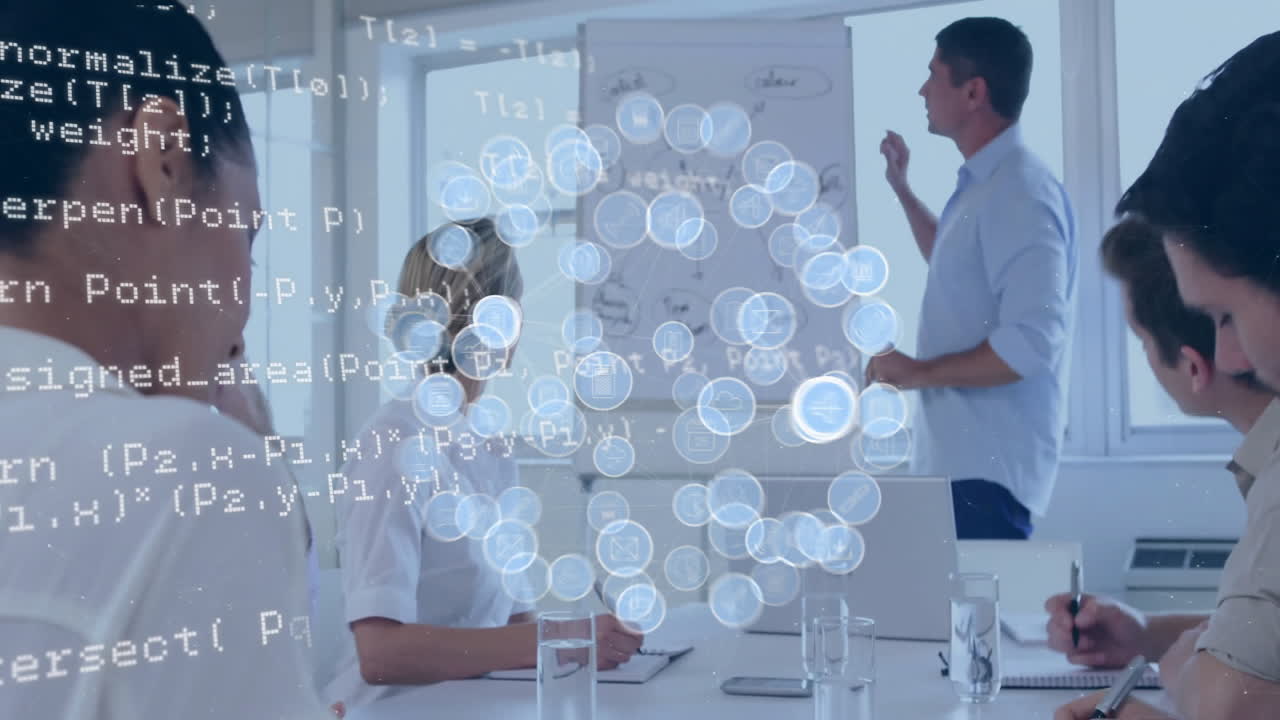 анимация медиа-икон и обработка данных над различными коллегами, обсуждающими работу на совещании