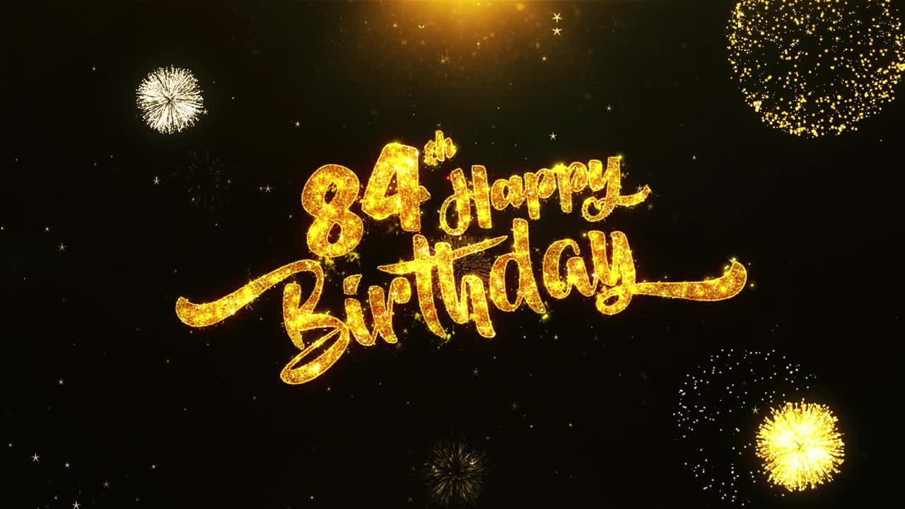 金色の花火のグリッター粒子で作られた、84歳の誕生日を祝うメッセージと願いのカード