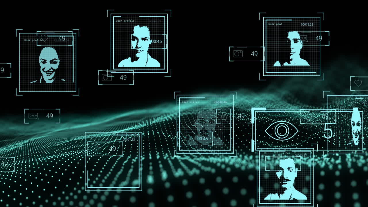 animación de fotos de usuarios, reacciones en las redes sociales y ondas en el espacio digital