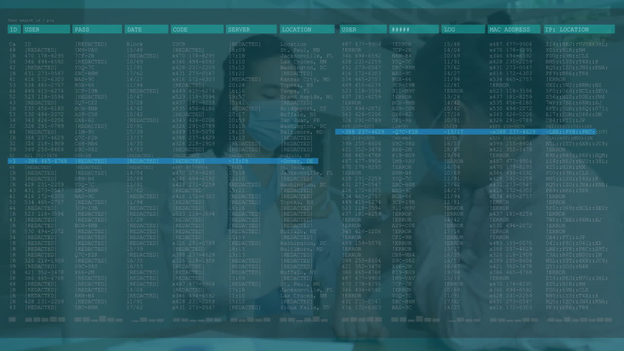 Researchers working in technology lab, interacting with holographic network login data overlay