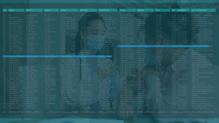 Researchers working in technology lab, interacting with holographic network login data overlay