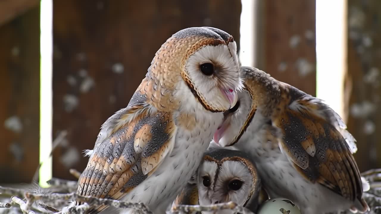 A Heartwarming Moment of Barn Owls Caring for Their Eggs in a Cozy Nest, Demonstrating the Nurturing Instincts of Wildlife in Natural Habitat