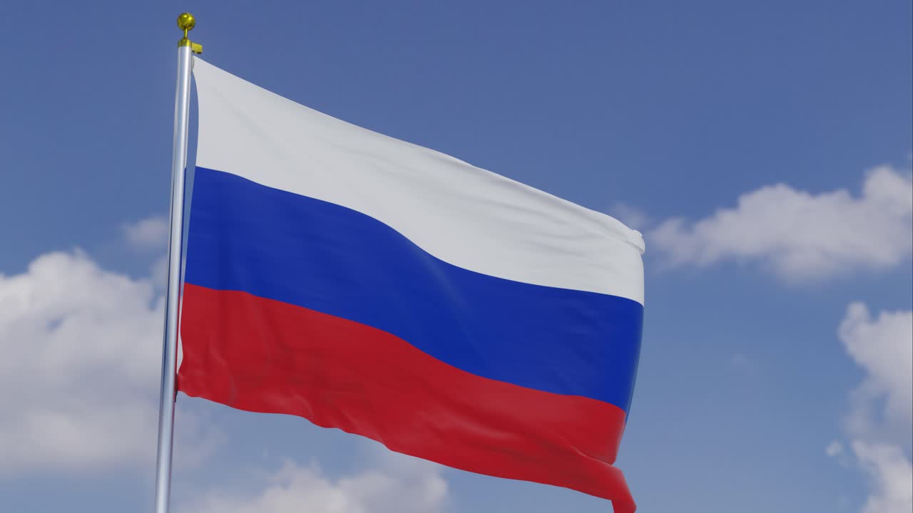 Flag Of Russia Moving In The Wind With A Clear Blue Sky In The Background, Clouds Slowly Moving, Flagpole, Slow Motion