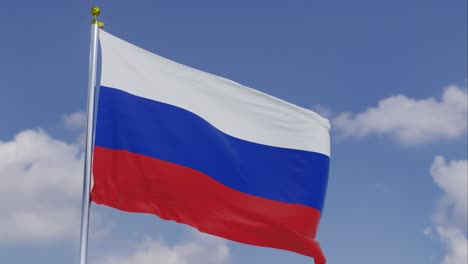 Flag-Of-Russia-Moving-In-The-Wind-With-A-Clear-Blue-Sky-In-The-Background,-Clouds-Slowly-Moving,-Flagpole,-Slow-Motion