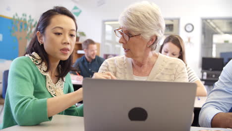 teacher and senior pupil use laptop in adult education class