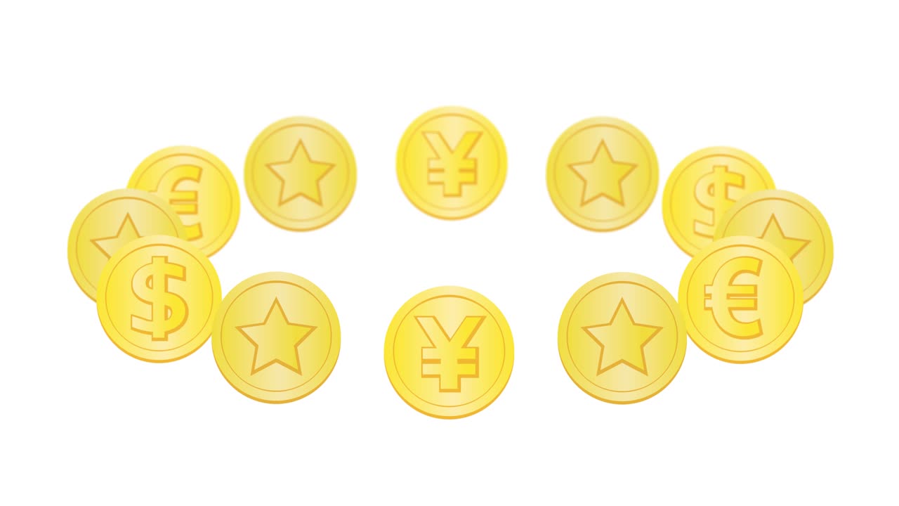 달러, 유로, 엔 동전이 회전하고 있습니다.