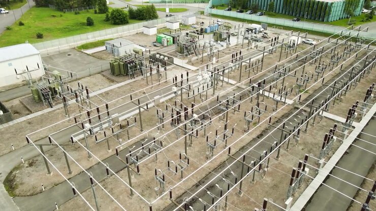 Blick von oben auf ein Umspannwerk mit Transformatoren und Stromleitungen, das die komplexe Infrastruktur der Energieerzeugung, -übertragung und -verteilung für eine moderne Stadt präsentiert.