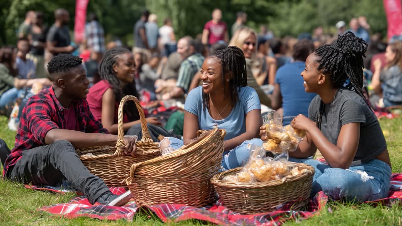 Glædeligt samvær: Venner nyder en picnic med kurve fulde af snacks i en livlig udendørs ramme omgivet af latter og samtaler