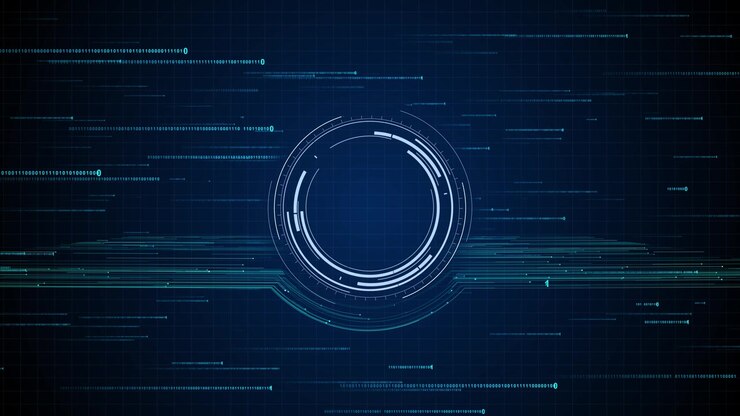 Circular hud data interface with blue binary code glowing ring display grid background and circuit