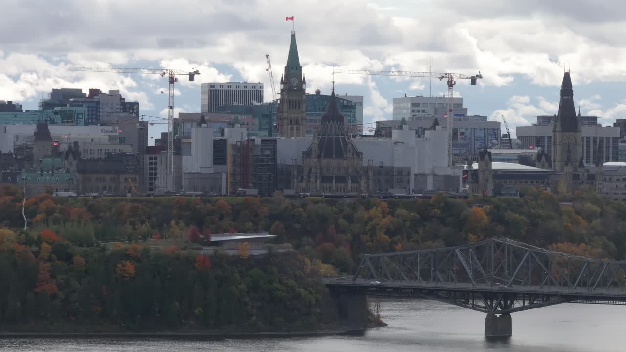 Views of Parliament Hill in Ottawa Ontario Canada in fall with views over Ottawa River on a cloudy day