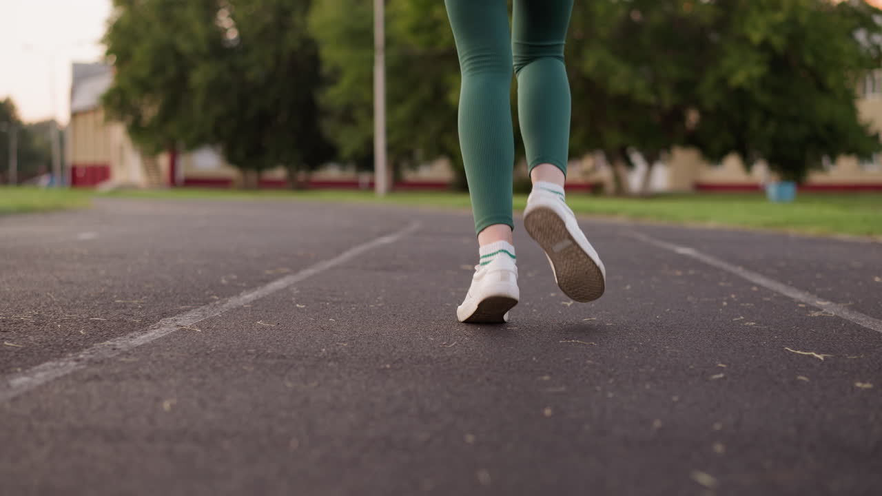 una mujer comienza a correr en el estadio local. una joven mantiene la salud haciendo ejercicio al aire libre. ejercicio para las piernas para aumentar la resistencia y la fuerza