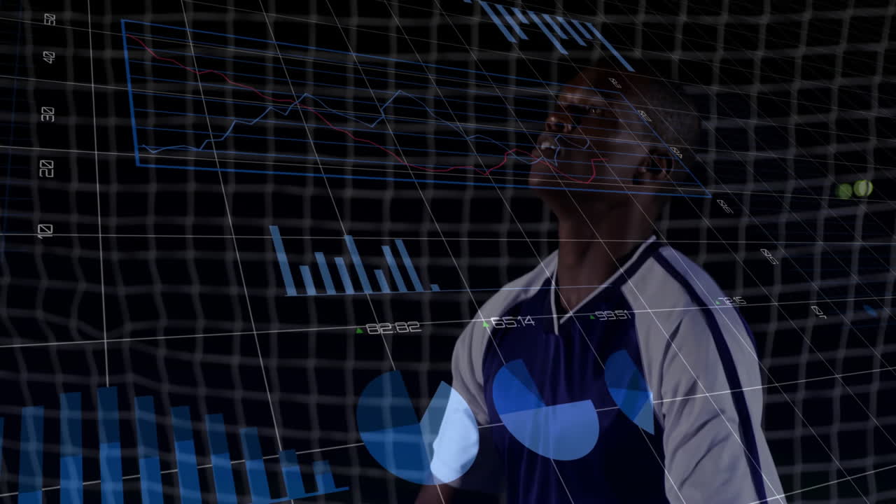 Graphs and charts animation over athlete in sports uniform near goal net