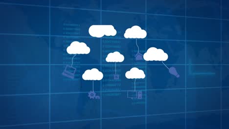 Animation-Von-Wolken-Mit-Technologiesymbolen-über-Diagrammen-Und-Daten-Auf-Blauem-Hintergrund