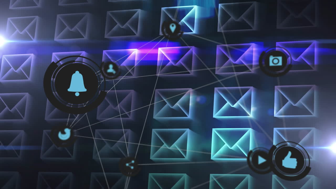 Animation of digital communication icons and network connections over envelope symbols