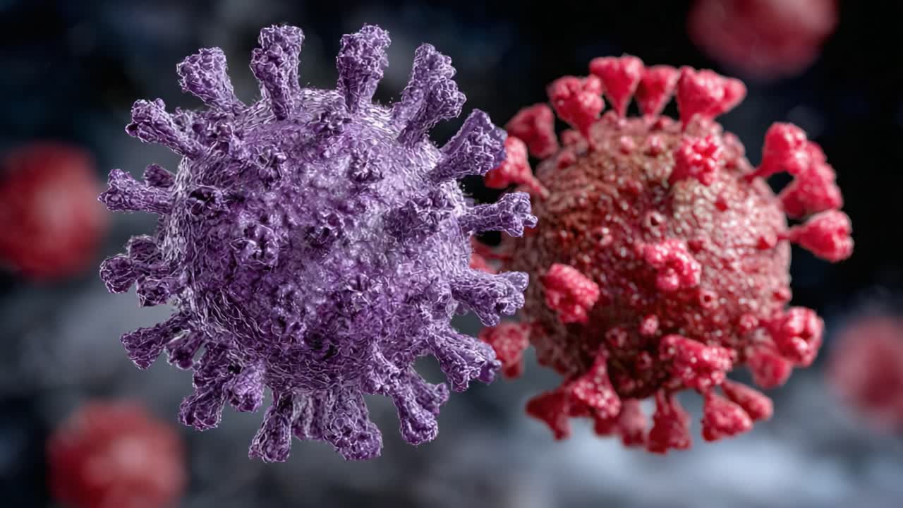Detailed Visualization of Microscopic Virus Particles in Distinct Colors, Highlighting Structural Features and Molecular Complexity for Scientific Study