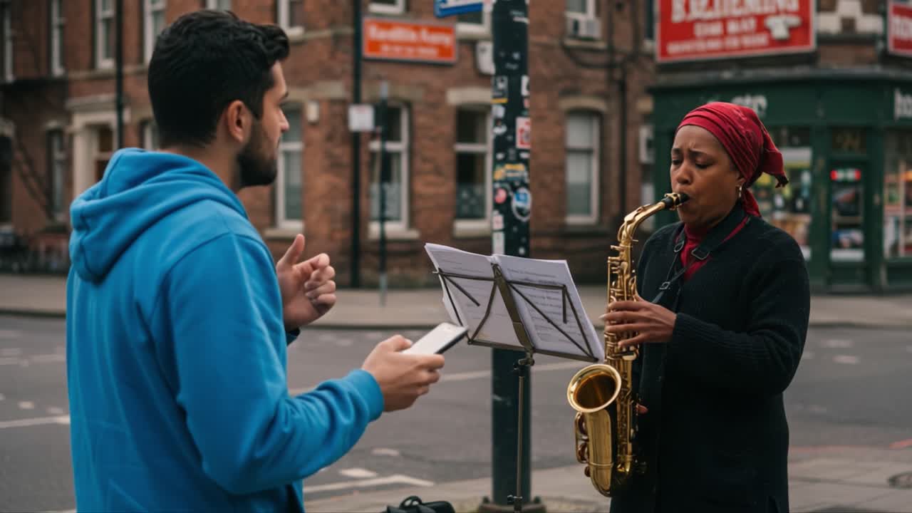 Esibizione Musicale di Strada: Un Sassofonista Affascina il Pubblico Mentre un Giovane è Intento al Suo Telefono in un Vivace Contesto Urbano