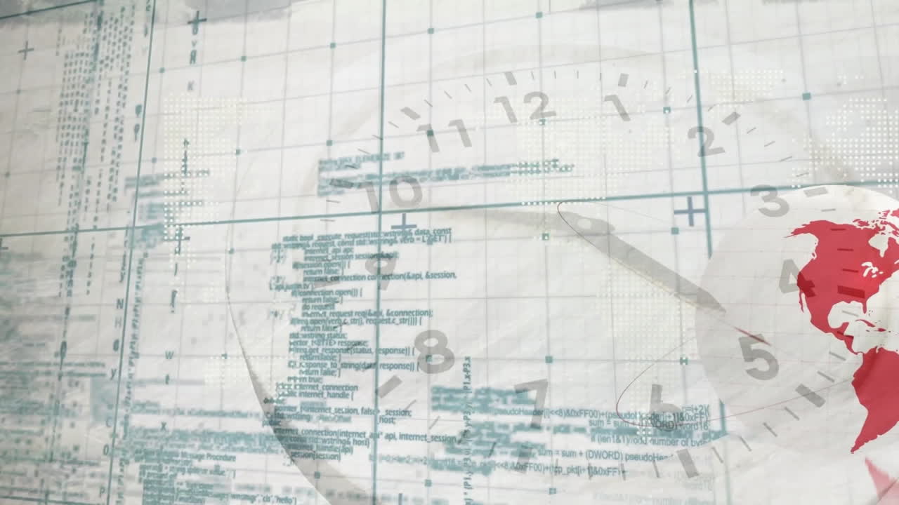 Animation of clock over data processing and globe on white background