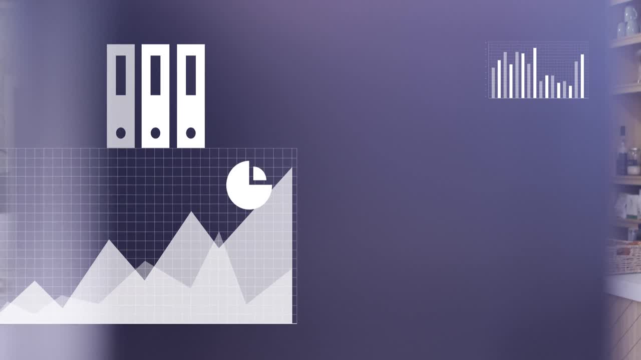 animación de iconos y procesamiento de datos sobre diversas personas bebiendo café en una cafetería.