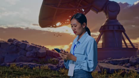 Side View Of An Asian Female Professional Worker Standing With Large Satellite Dish, Observes By Looking Up Then She Come To Concentrating On The Phone And Keep On Checking