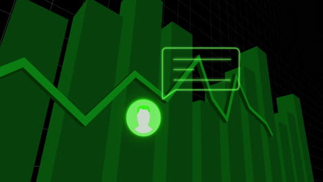 animación de iconos de redes sociales, línea verde con estadísticas y procesamiento de datos.