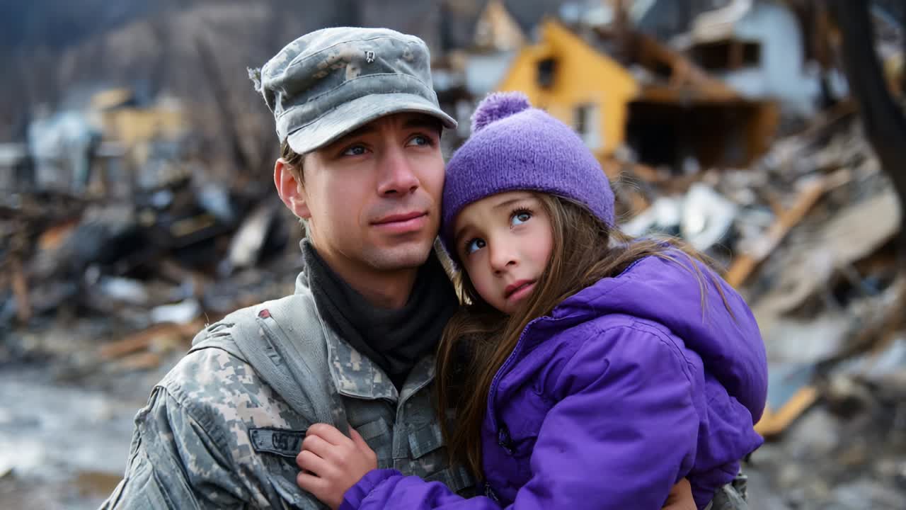 A soldier cradles a young girl in a moment of solace amid the devastation of a recently destroyed community, showcasing the bond of protection and hope amidst the destruction and turmoil in their lives