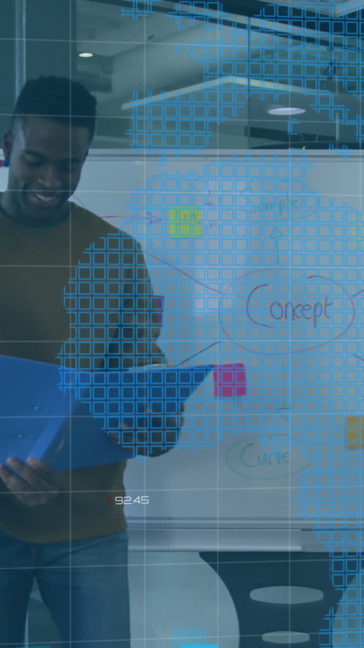 Animation of financial data processing over diverse business people