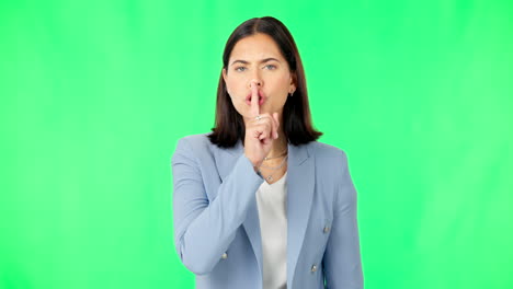 Finger,-lips-and-face-of-serious-woman-on-green