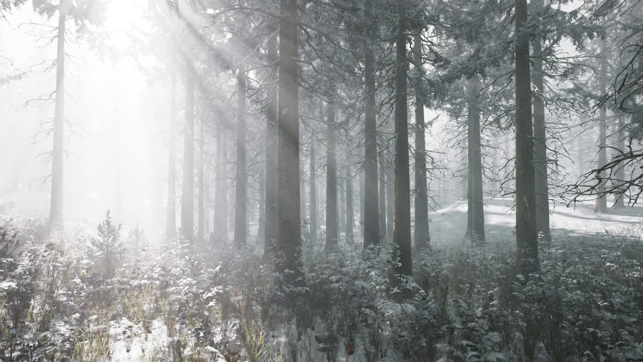 눈으로  ⁇ 인 겨울 소나무 숲에서 일몰 또는 일출