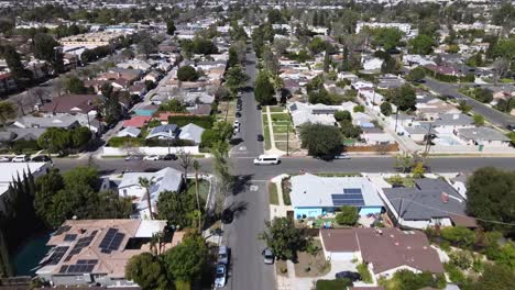 aerial over sherman oaks neighborhood, house and city streets, van nuys