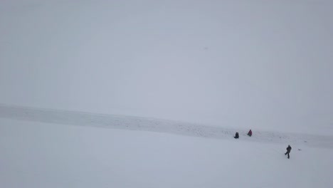 zoom in aerial footage of family of four enjoying the great outdoors while taking photos and having fun during winter holiday.