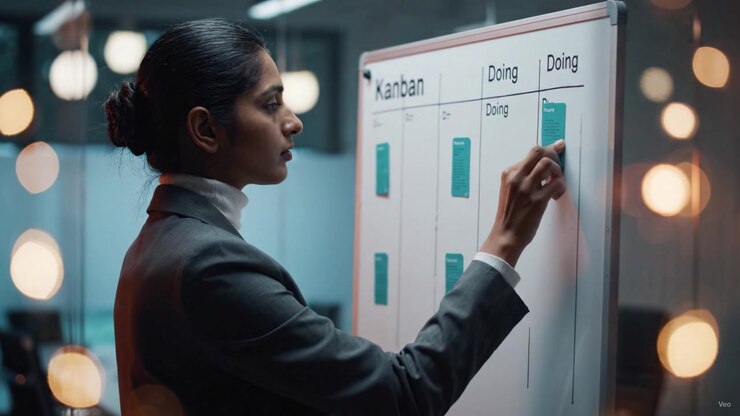 Donna professionista concentrata che gestisce una bacheca Kanban in un ufficio moderno, illustrando l'organizzazione dei compiti di progetto e la produttività in un ambiente di lavoro coinvolgente.