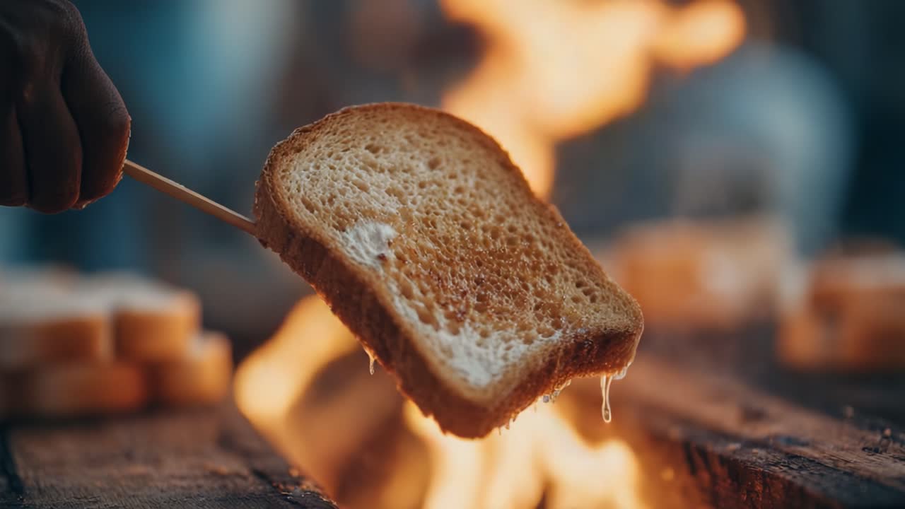 A captivating sequence showcasing the art of toasting bread over an open flame, highlighting the golden crust and bubbling butter, evoking a warm culinary experience