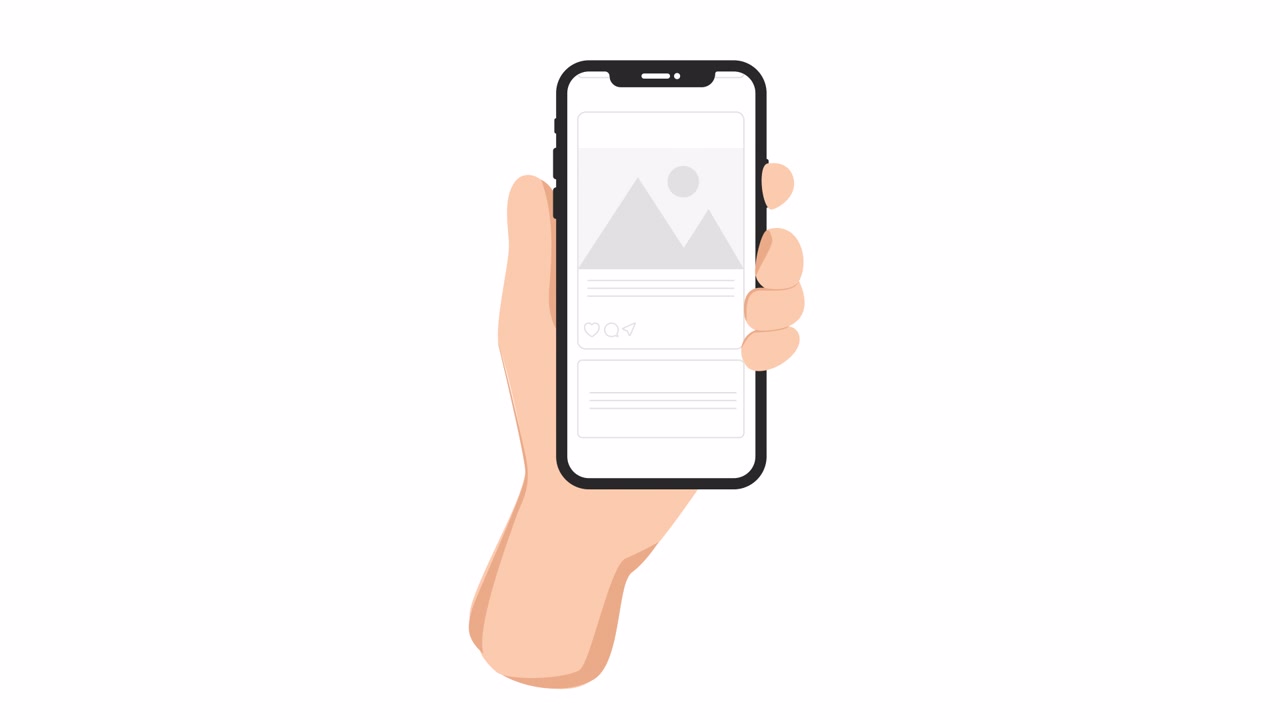 Animazione di una mano che tiene uno smartphone e scorre il feed dei social media
