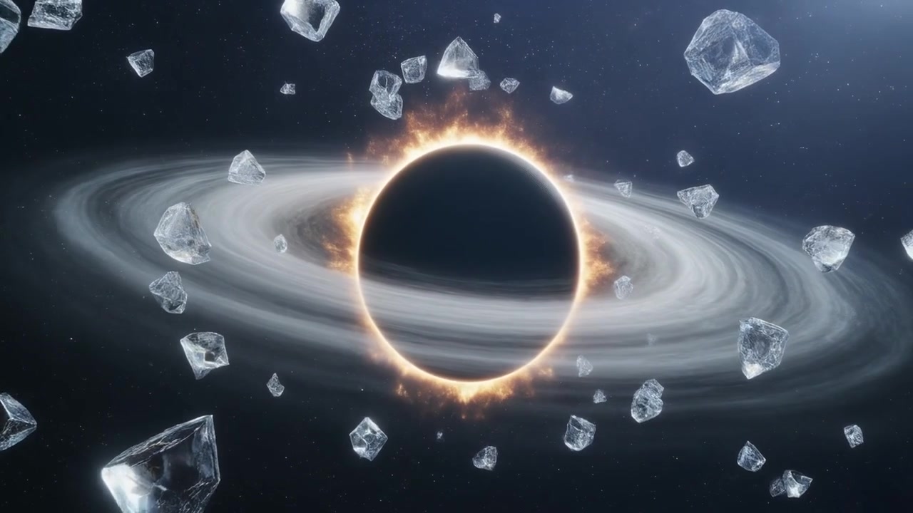 Black Hole Surrounded by Floating Ice Asteroids in Deep Space