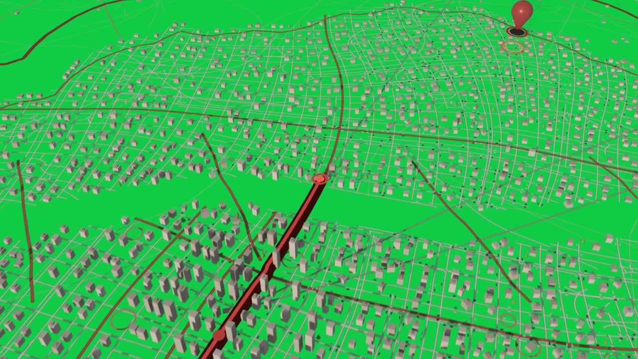 Blue base activating, red marker moving along route across 3D map, showing navigation, transparent