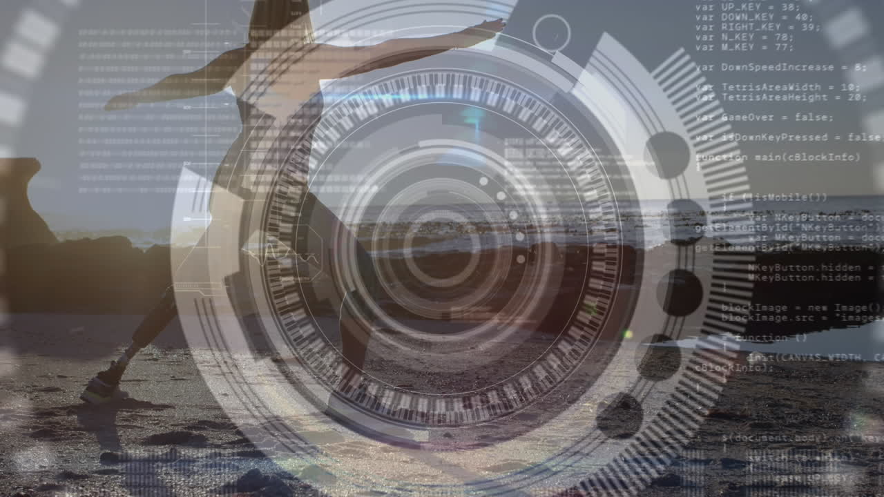 animación de escaneo de alcance sobre mujer con extremidad artificial haciendo ejercicio en la orilla del mar