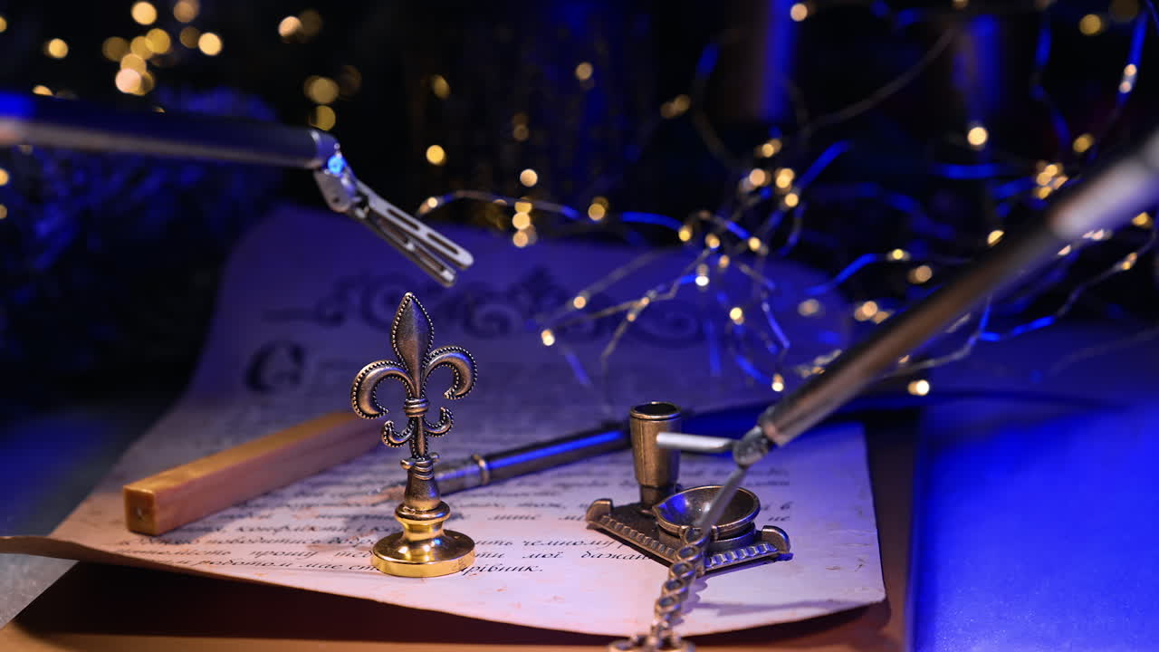 Precise moves of the robotic arms. Tiny forceps take metal writing appliances lying on the letter. Blurred dark backdrop with lights.