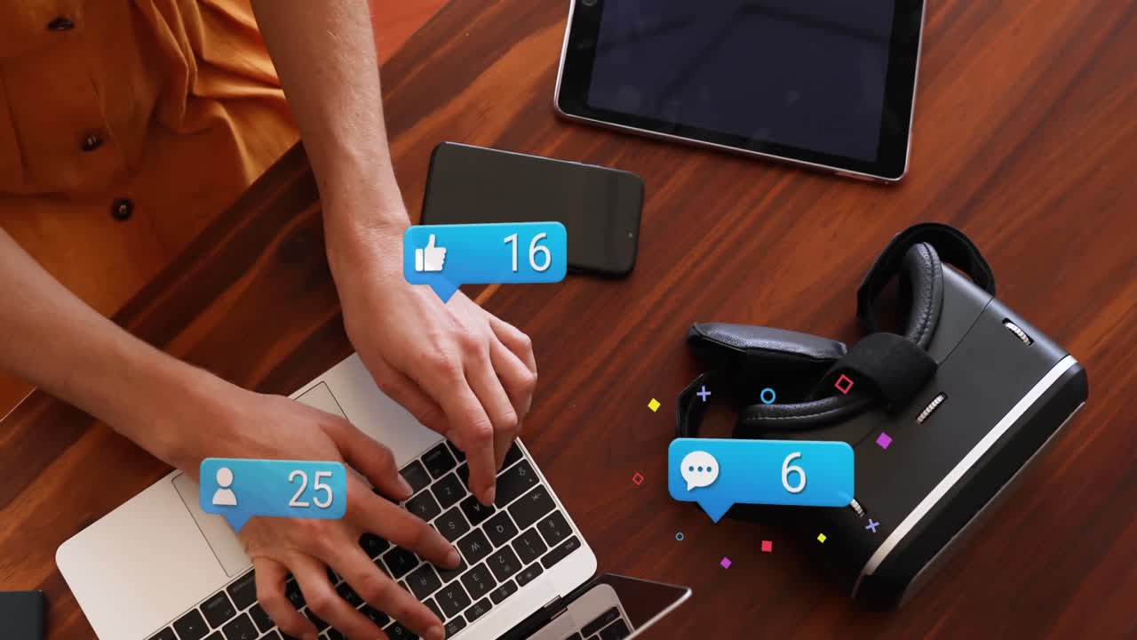 Animation of social media icons falling over women using laptop