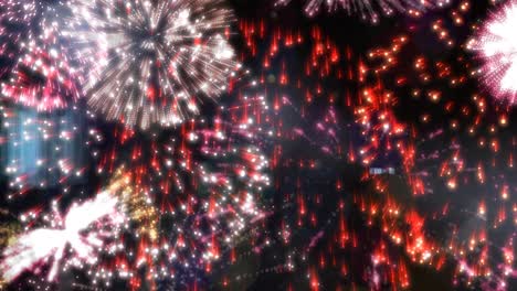 Animación-De-La-Explosión-De-Fuegos-Artificiales-Rojos-Y-Blancos-Desplazándose-Sobre-Fondo-Negro