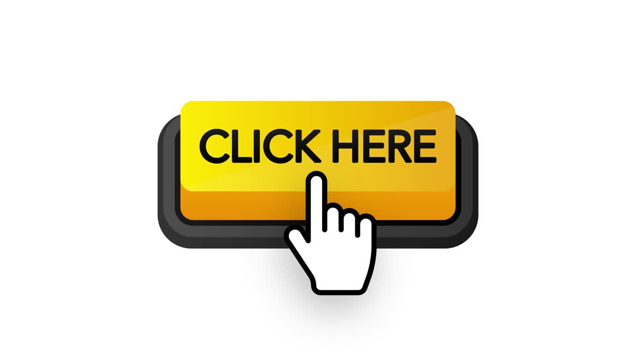 con icono amarillo haga clic aquí botón 3d en fondo blanco para diseño de marketing web. diseño plano. elemento de redes sociales. fondo blanco. gráficos en movimiento.