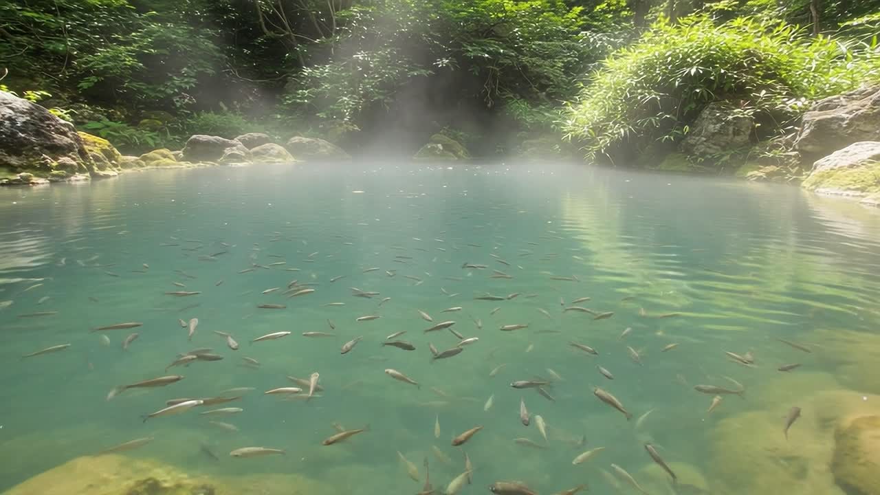 Serene Natural Spring with Clear Water and Swimming Fish, Surrounded by Lush Greenery and Misty Atmosphere, Ideal for Relaxation and Nature Observation
