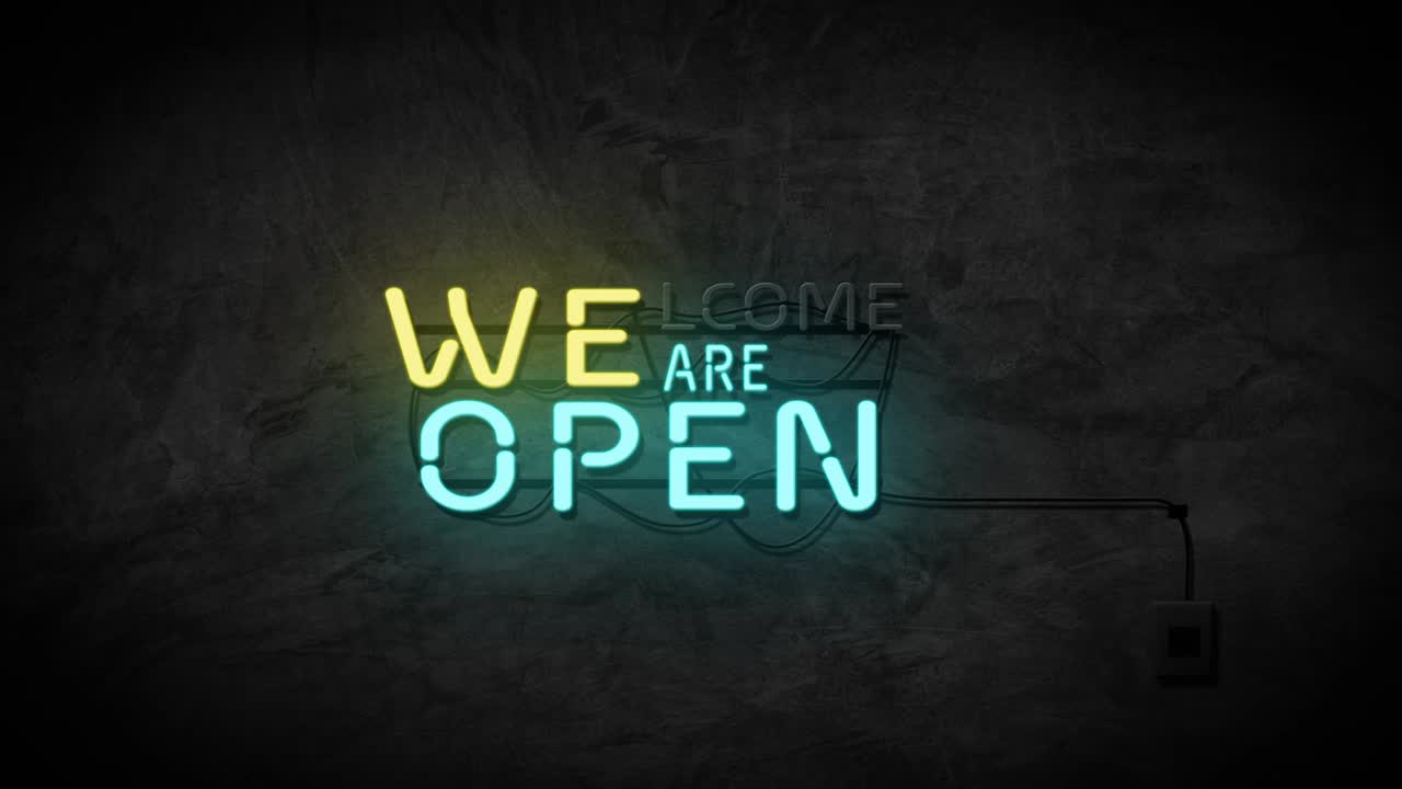 Welcome we are open neon sign on brick wall background. Business and service concept.