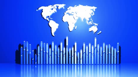 abstractas columnas hermosas forman gráficos y con el mapa del mundo forman un panel de información como bg en bucle para espectáculos analíticos. datos globales, estadísticas abstractas en todo el mundo como información bg