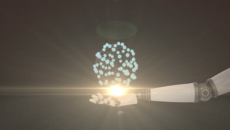 animación de una red en crecimiento sobre la mano del brazo robótico extendido, con luz en movimiento en un fondo oscuro