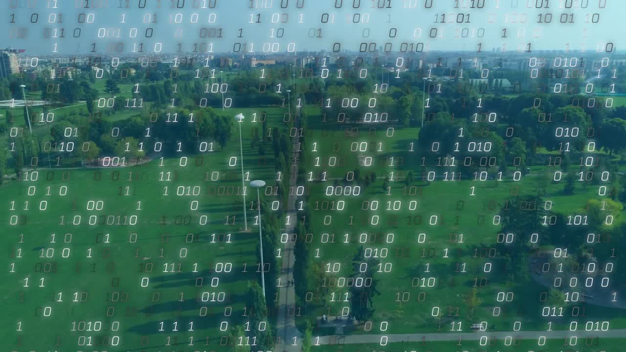 Binary digits emerging from top edge, drifting down to form dense grid obscuring park landscape